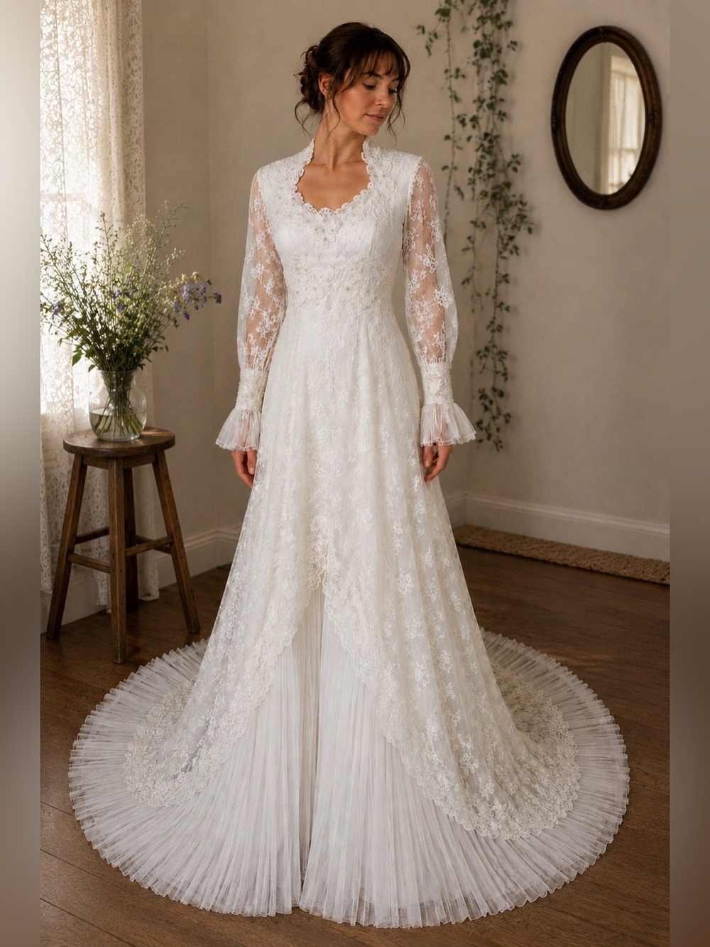 Vintage 1970s Ivory Lace Pearl Wedding Gown Small Modest High Neck Chapel Train